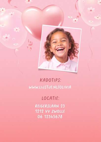 Uitnodiging eigen foto hartjes en bloesem 3d ballonnen 2