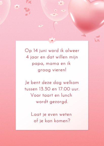 Uitnodiging eigen foto hartjes en bloesem 3d ballonnen 3