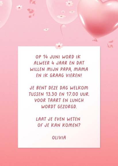 Uitnodiging eigen foto hartjes en bloesem 3d ballonnen 3