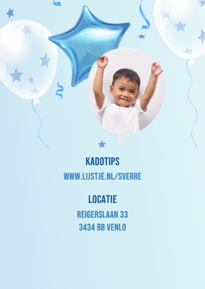 Uitnodiging eigen foto met ster confetti en 3d ballonnen 2