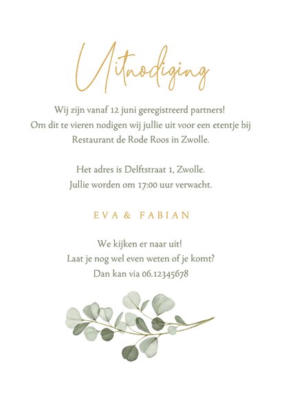 Uitnodiging eucalyptus met goud geregistreerd partnerschap  3