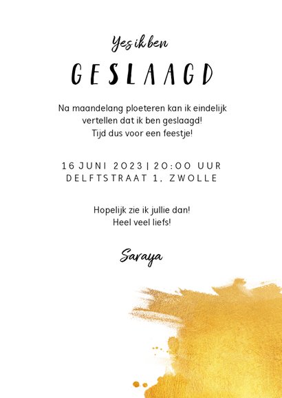 Uitnodiging examenfeest geslaagd goud stijlvol foto 3
