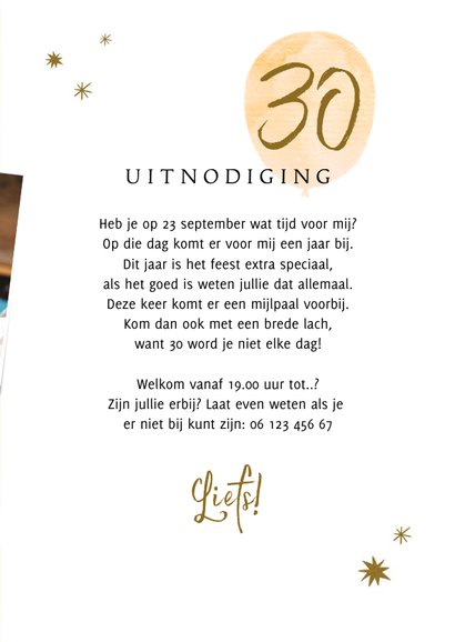 Uitnodiging 'Feestje' 30ste verjaardag ballonnen sterren 3