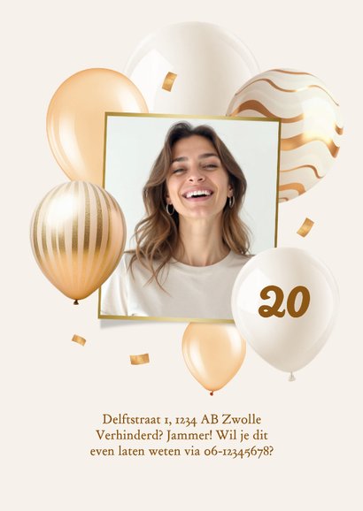 Uitnodiging feestje ballonnen goud confetti foto slingers 2