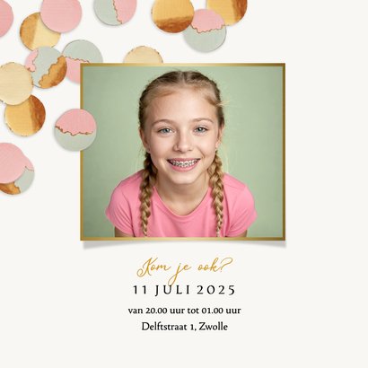 Uitnodiging feestje confetti goud pastel roze groen 2