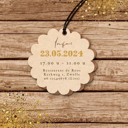 Uitnodiging feestje etentje label hout goud confetti 2