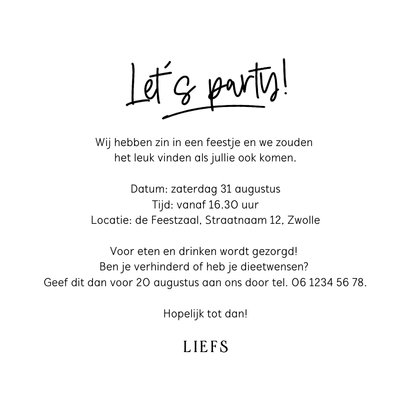 Uitnodiging feestje foto kader 'let's party' handgeschreven 3