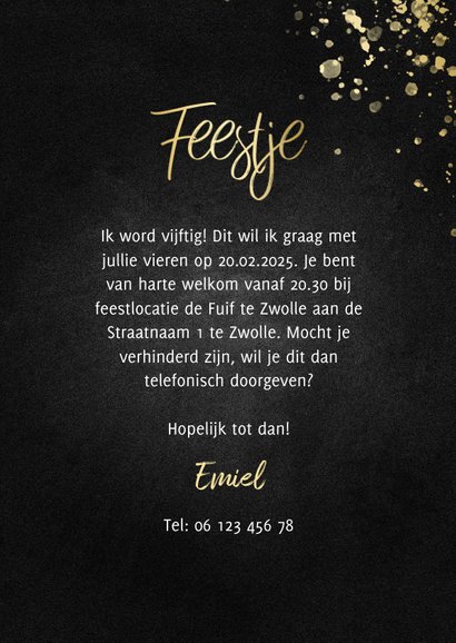 Uitnodiging feestje goud fotocollage met spetters 3