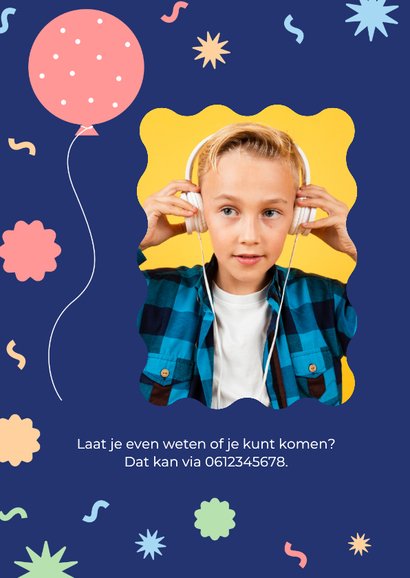 Uitnodiging feestje met foto, confetti en ballonnen blauw 2