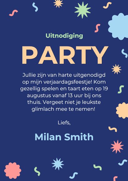 Uitnodiging feestje met foto, confetti en ballonnen blauw 3