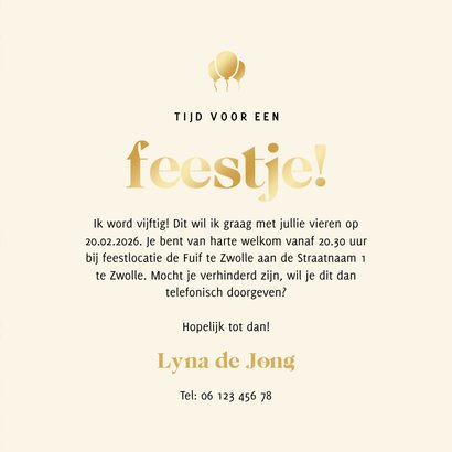 Uitnodiging feestje wit met confetti en goudfolie ballonnen 3