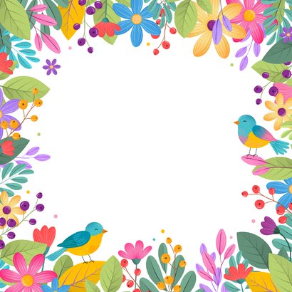 Uitnodiging feestje zomers botanisch kleurrijk met vogels Achterkant