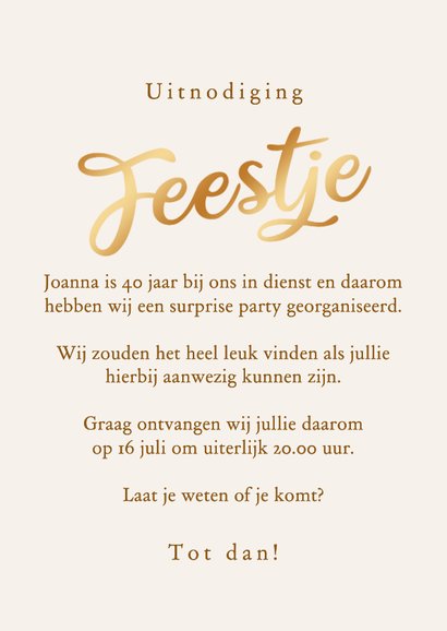 Uitnodiging feestjelijk jubileum 40 jaar in dienst goud 3