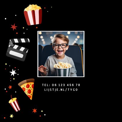 Uitnodiging filmfeestje popcorn pizza en sterren 2