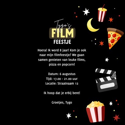 Uitnodiging filmfeestje popcorn pizza en sterren 3