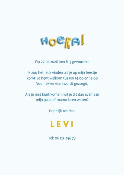 Uitnodiging folieballonnen 'hoera' blauw/goud uitnodiging 3