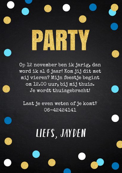 Uitnodiging fotocollage confetti krijtbord jongen 3