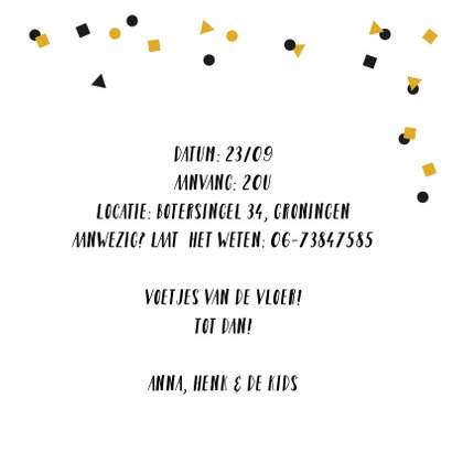 Uitnodiging fotocollage feest confetti zwart goud 3