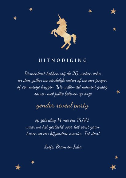 Uitnodiging gender reveal party baby jongen meisje unicorn 3