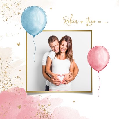 Uitnodiging gender reveal party ballon blauw roze waterverf 2