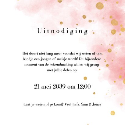 Uitnodiging gender reveal party met gouden confetti 3