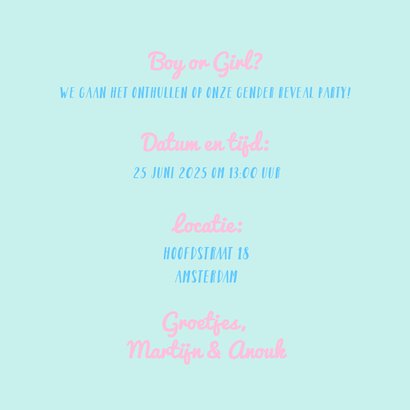 Uitnodiging gender reveal party tekst roze blauw 3