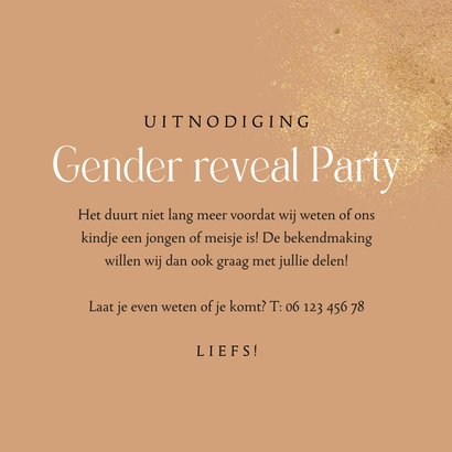 Uitnodiging gender reveal stijlvol ballonnen confetti goud 3