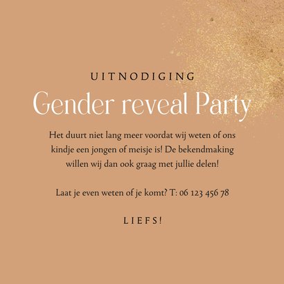 Uitnodiging gender reveal stijlvol ballonnen confetti goud 3