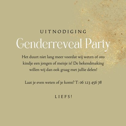 Uitnodiging gender reveal stijlvol fotokaart spetters goud 3
