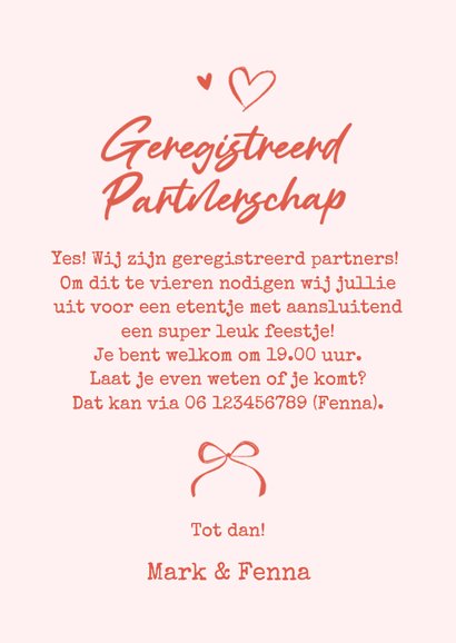 Uitnodiging geregistreerd partnerschap etentje doodle roze 3