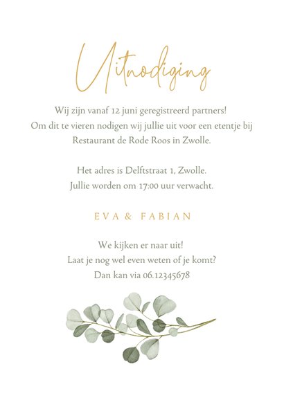 Uitnodiging geregistreerd partnerschap goud eucalyptus 3