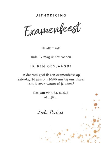 Uitnodiging geslaagd examenfeest meisje goud hartjes 3