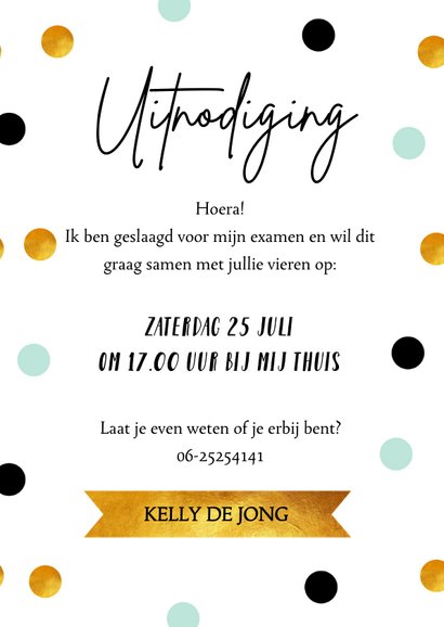 Uitnodiging geslaagd feest confetti goudlook 3