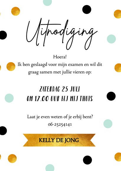 Uitnodiging geslaagd feest confetti goudlook 3
