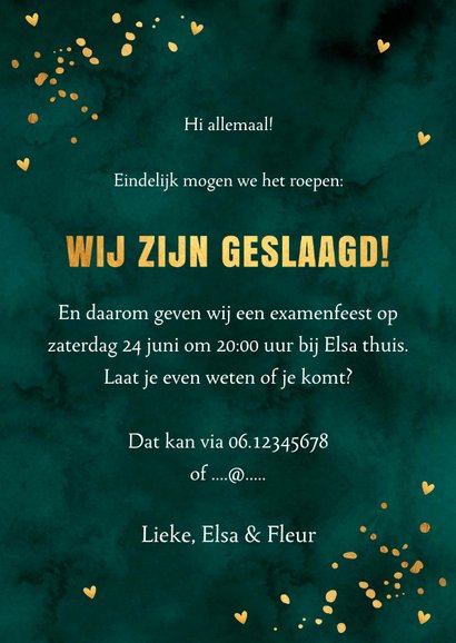 Uitnodiging geslaagd feest fotocollage groen & goudlook 3