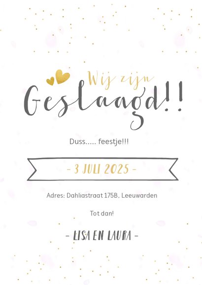 Uitnodiging geslaagd feestje met 3 eigen foto's en hartjes 3