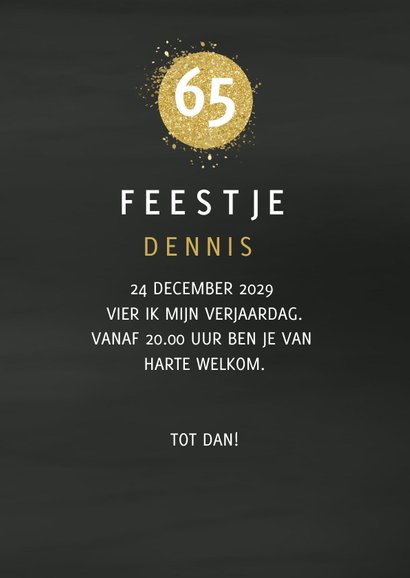 Uitnodiging glitterlook goud met witte letters 3