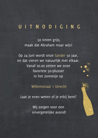 Uitnodiging glitterlook met glas en fles 3