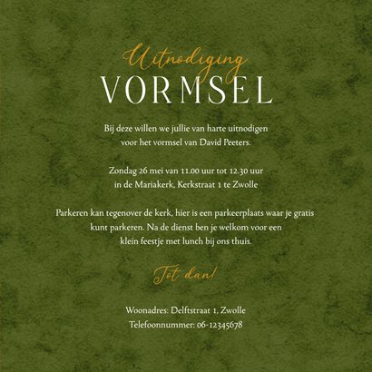 Uitnodiging goud groen waterverf heilig vormsel  3