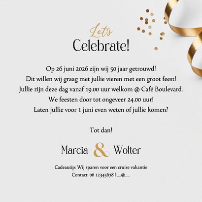 Uitnodiging gouden huwelijk jubileum feest 50 foto trouwdag Achterkant