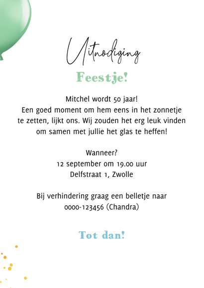 Uitnodiging grappig verjaardagsfeest taarthoed ballonnen 3