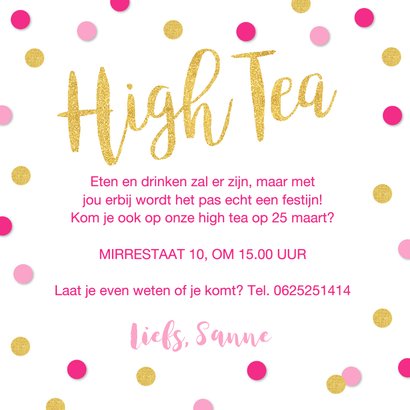 Uitnodiging High Tea confetti goud roze 3