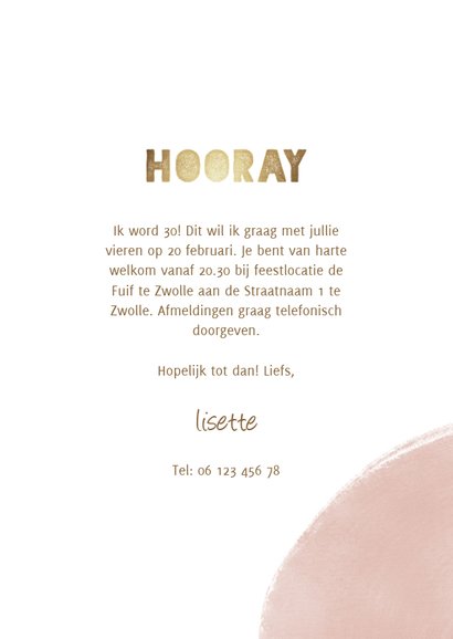Uitnodiging 'hooray' 30 jaar met verfstrepen goud 3
