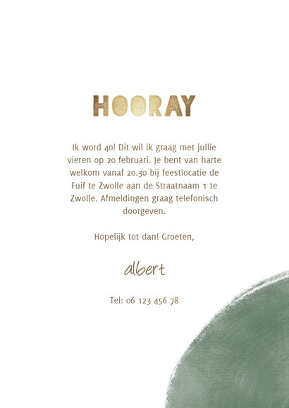 Uitnodiging 'hooray' 40 jaar met verfstrepen goud 3