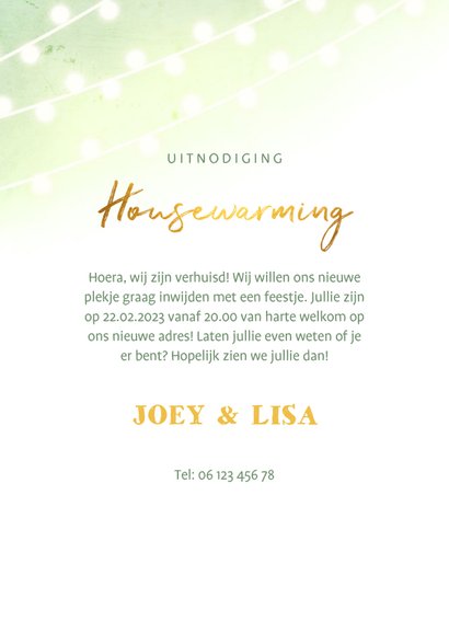 Uitnodiging housewarming goud met foto's en lampjes 3