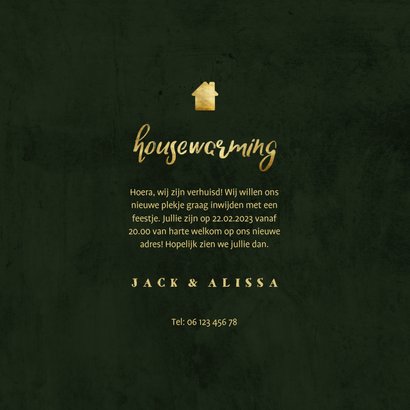 Uitnodiging housewarming jungle bladeren met gouden accenten 3