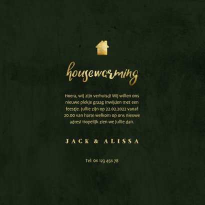 Uitnodiging housewarming jungle bladeren met gouden accenten 3
