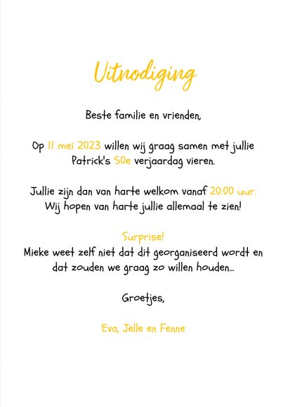 Uitnodiging houtlook man neon hip met foto's en slingers 3