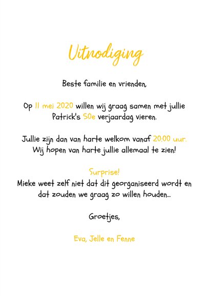 Uitnodiging houtlook man neon hip met foto's en slingers 3