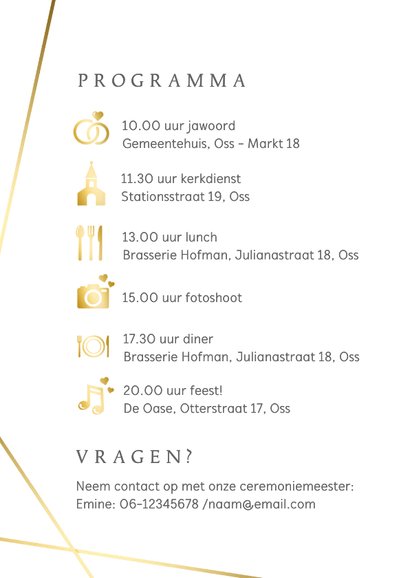 Uitnodiging huwelijk met gouden geometrische lijnen en foto 2